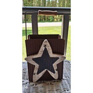 Rustic Metal & Wood Star-Themed Rectangular Bucket With Handle Artsy America